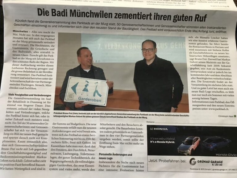 GV-Bericht in der Regi vom 9. Mai, mit Würdigung von Markus Gehret, Präsident der Baukommission